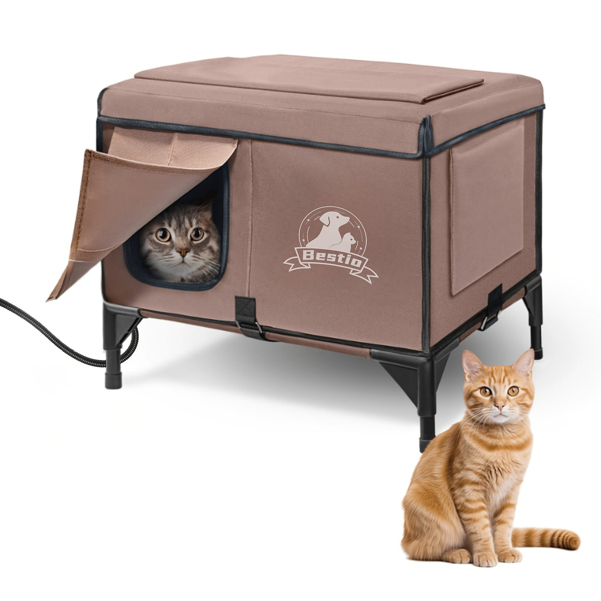 3-in-1 Heated Cat House with Removable Warming Pad & Elevated Bed – Chew-Resistant Cord, Double Door, All-Season Indoor/Outdoor Cat Shelter Cave Condo for Cats, Kittens & Small Dogs