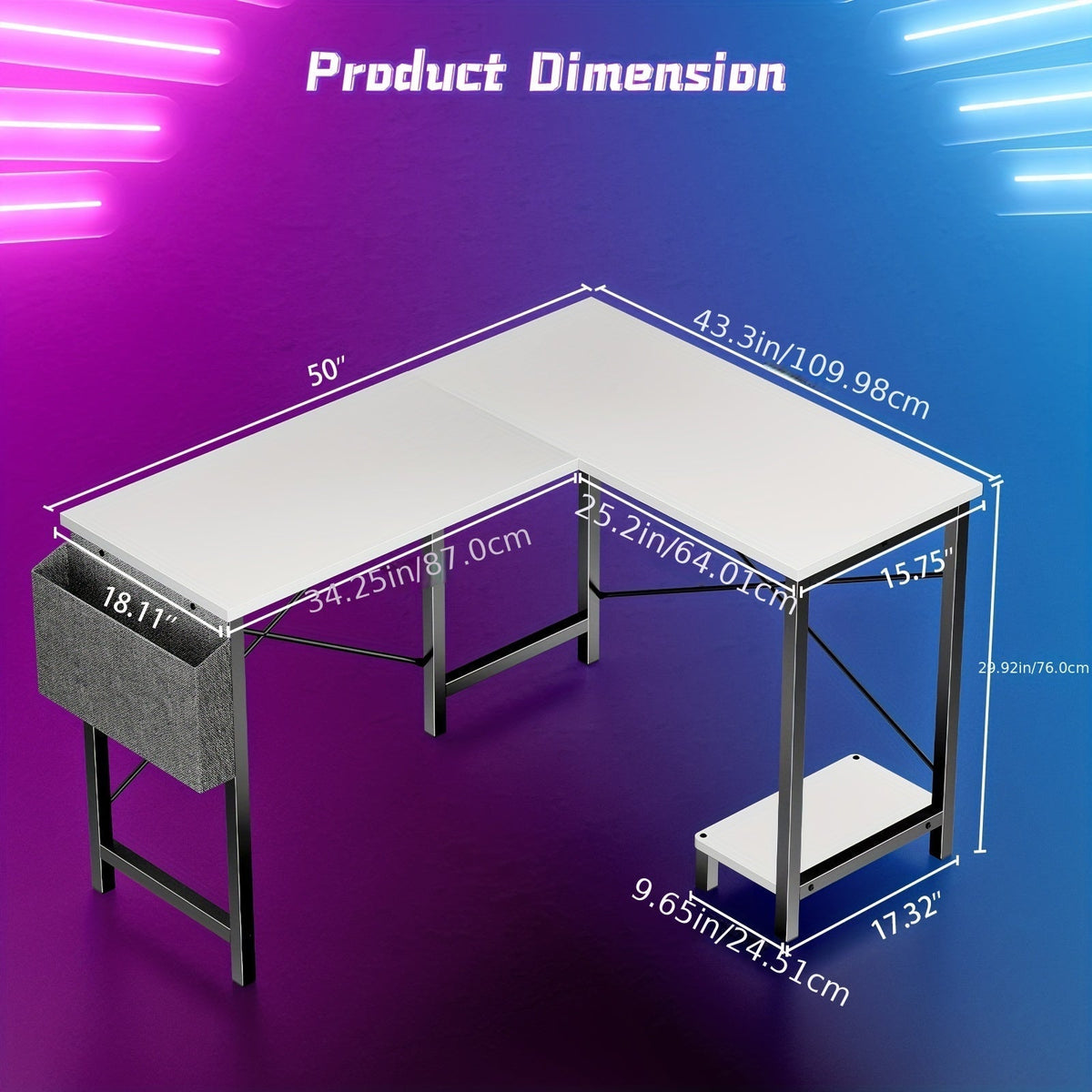 L-Shaped Computer Desk with Storage Bag & Shelves – Reversible Corner Office Table, PC Laptop Workstation for Home Office, Study Room, Space-Saving Writing Desk