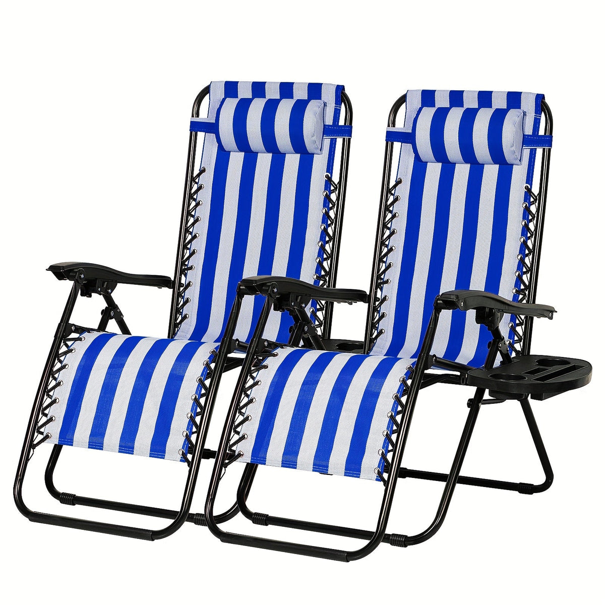 Set of 2 Zero Gravity Recliner Lounge Chairs – 500 LB Capacity Lockable Reclining Detachable Tray Cup Holder for Patio Lawn Garden & Beach in Blue Brown & Stripe Patterns