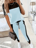 Women's 2-Piece Color Block Round Neck Short Sleeve T-Shirt and Long Pants Set, Casual Elegant Matching Lounge Set