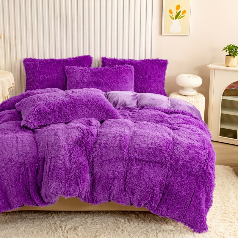 Plush Duvet Cover Set 3 Piece, Long Hair Knitted Polyester, Solid Color Fuzzy Comforter Cover with Zipper Closure, All-Season Soft Cozy Bedding Set for Bedroom, Multiple Colors Available