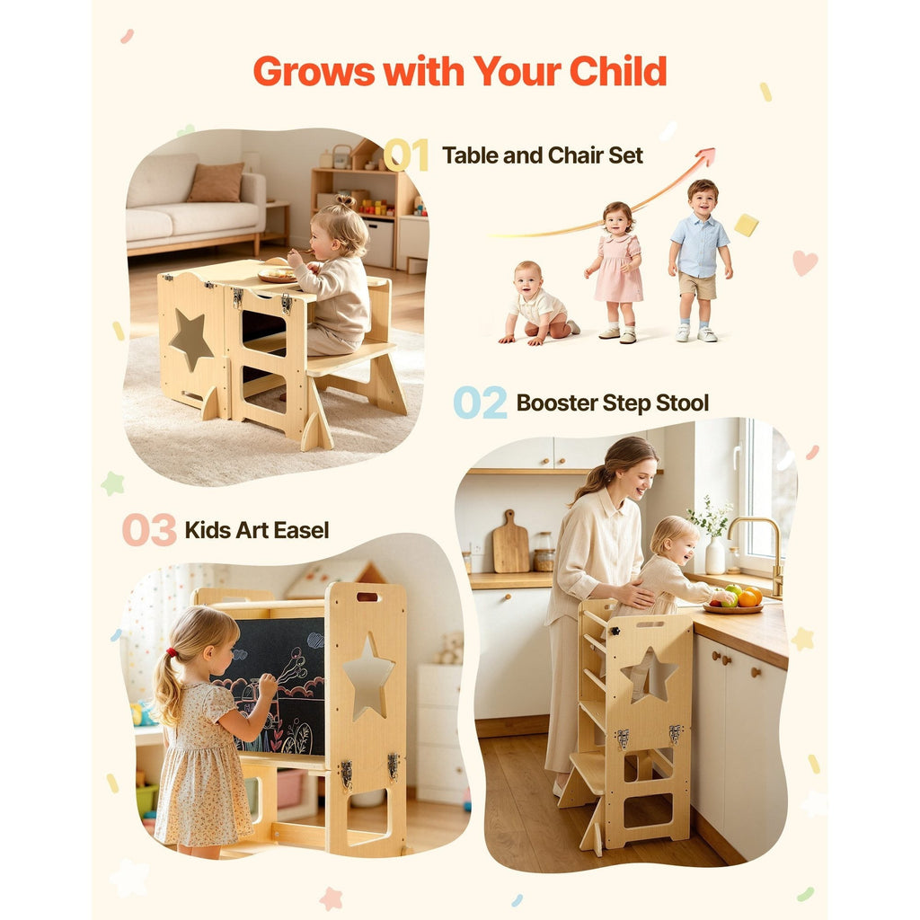 Weaning Table and Chair Set 4-in-1 Kids Learning Tower with Chalkboard & Whiteboard, Toddler Kitchen Step Stool, Converts to Easel & Step Stool, Natural Wood, Ages 1-5