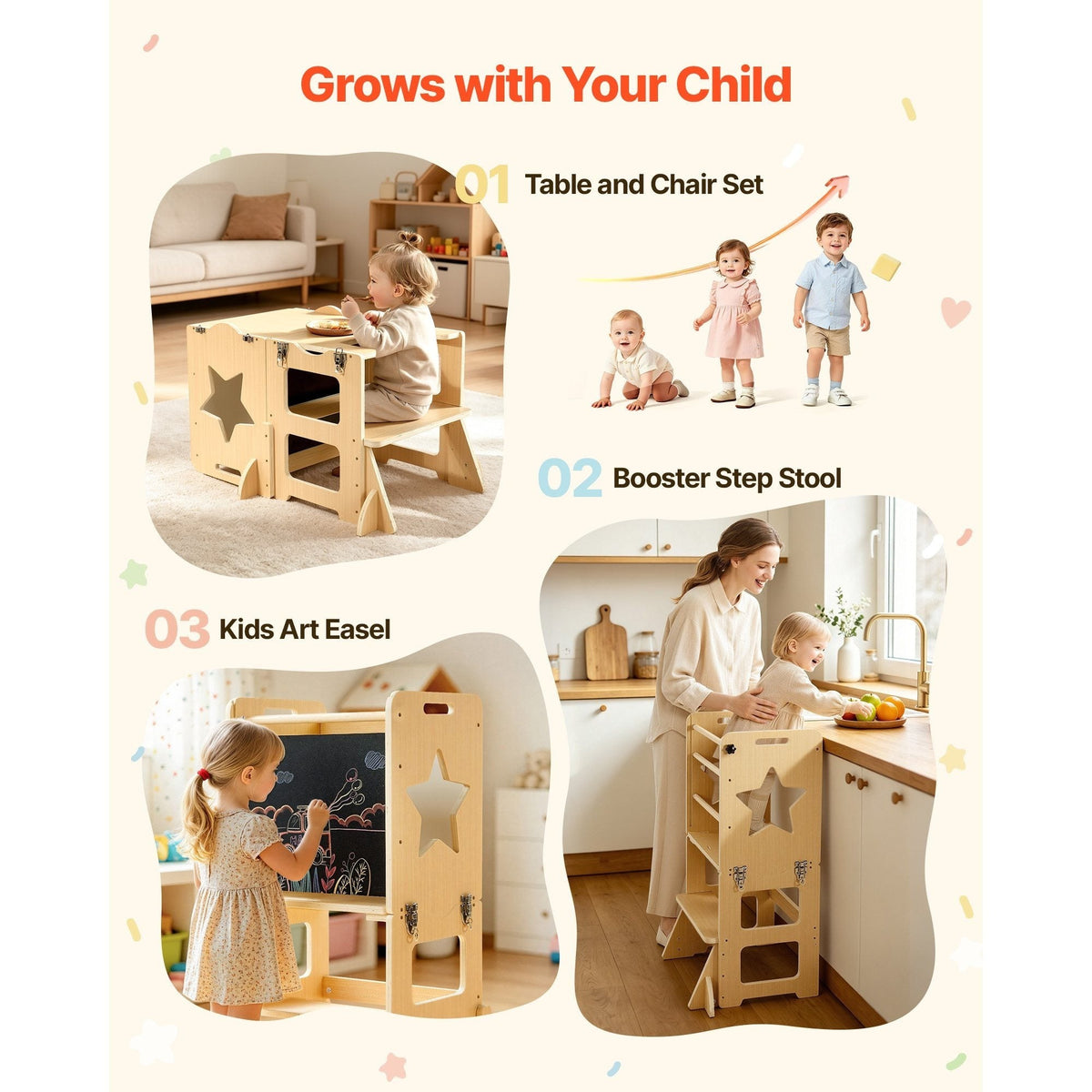 Weaning Table and Chair Set 4-in-1 Kids Learning Tower with Chalkboard & Whiteboard, Toddler Kitchen Step Stool, Converts to Easel & Step Stool, Natural Wood, Ages 1-5