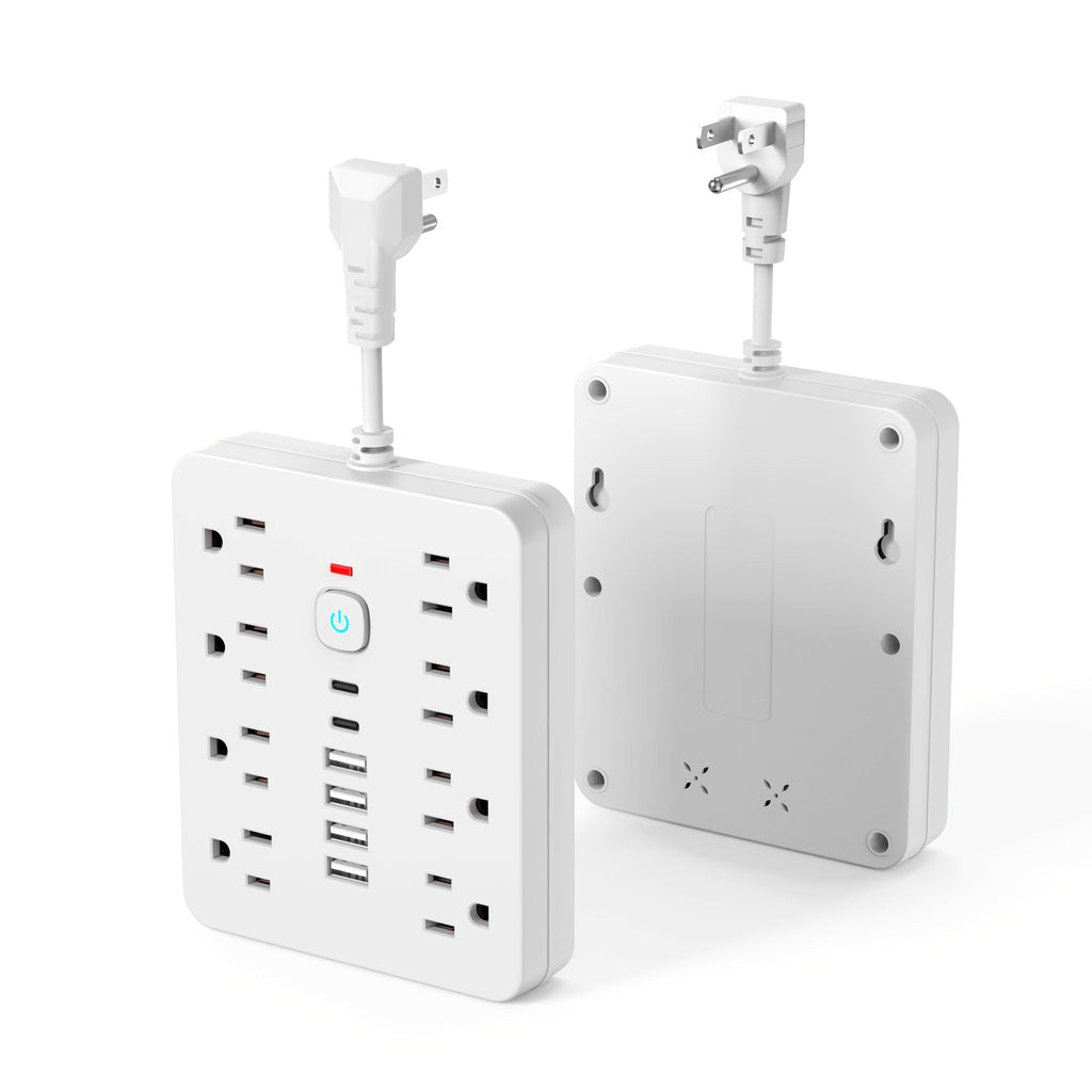 14-in-1 Power Strip Surge Protector - 8 AC Outlets, 4 USB-A & 2 USB-C Ports, Flat Plug, Space-Saving Extension Cord for Home, Office & Kitchen - White & Black