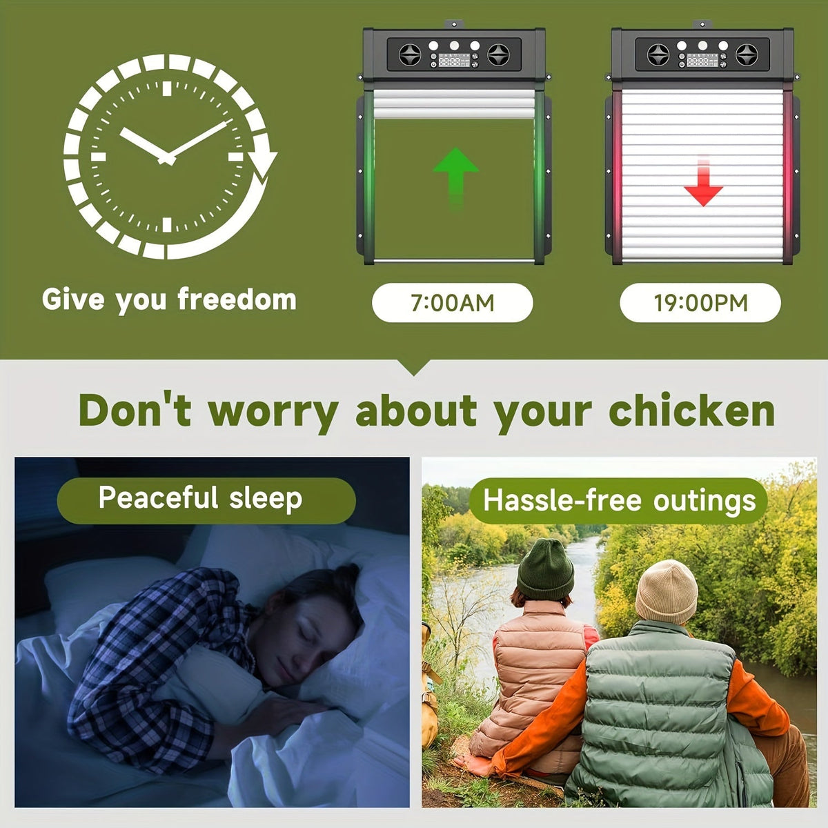 Automatic Chicken Coop Door, Solar Powered with Timer & Light Sensor – Aluminum Alloy Anti-Pinch Design, featuring a 4000mAh Battery, Solar Panel, and Remote Control for Poultry Management