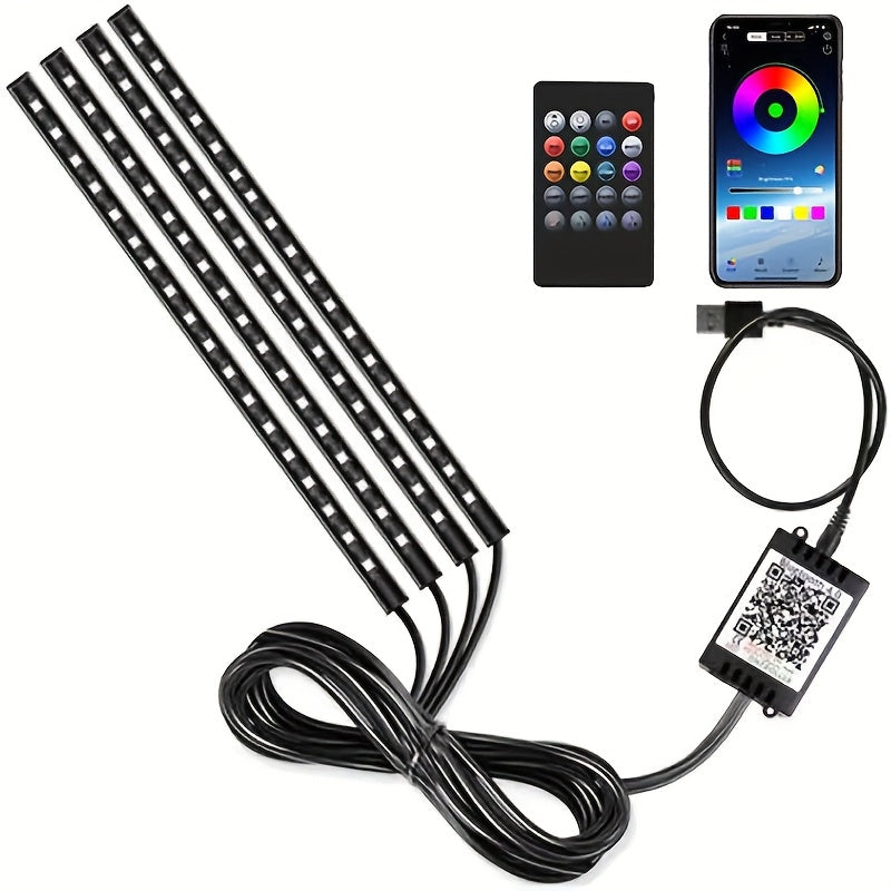 Music Sync LED Car Interior Lights – 4pcs USB Powered RGB Underfoot Ambient Lighting Kit with App & Remote Control, Colorful Atmosphere Lights for Car, Truck, SUV, No Battery Required