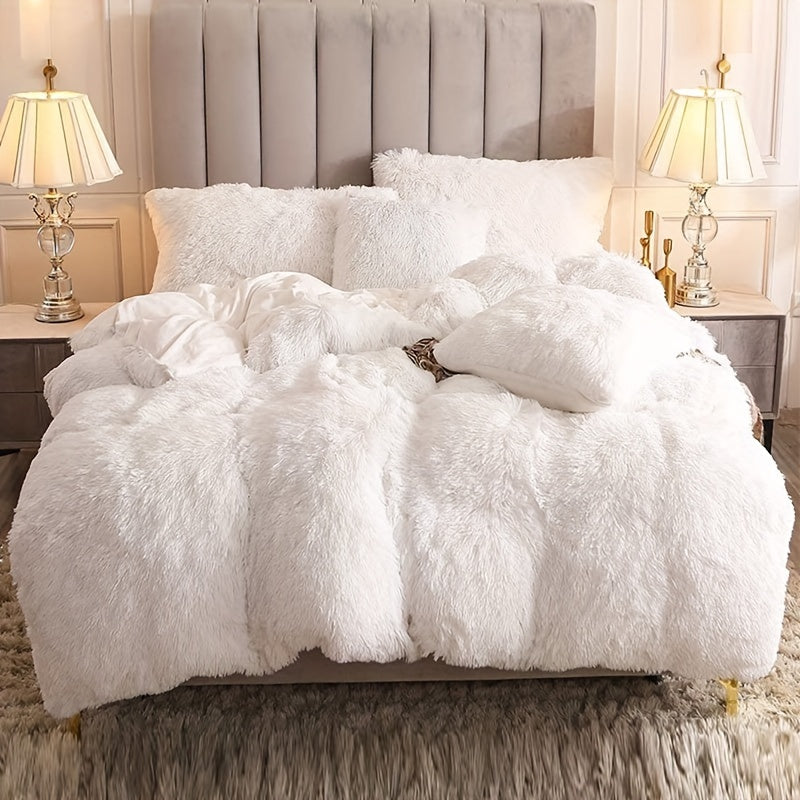 Plush Duvet Cover Set 3 Piece, Long Hair Knitted Polyester, Solid Color Fuzzy Comforter Cover with Zipper Closure, All-Season Soft Cozy Bedding Set for Bedroom, Multiple Colors Available