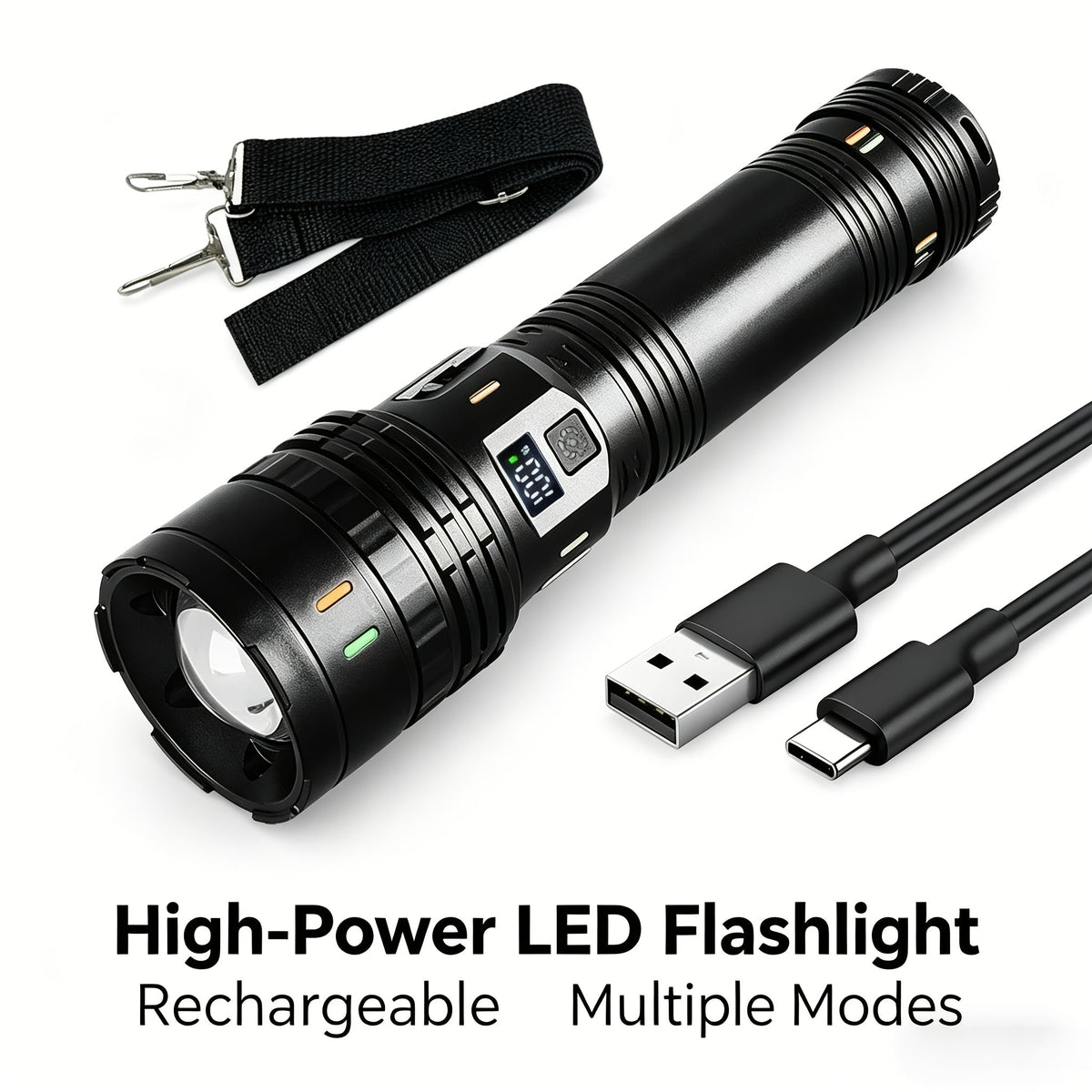 High-Lumen USB Rechargeable Flashlight – 3600mAh High-Capacity Battery IP68 Waterproof with Shoulder Strap for Outdoor Work Patrol Fishing & Home Use