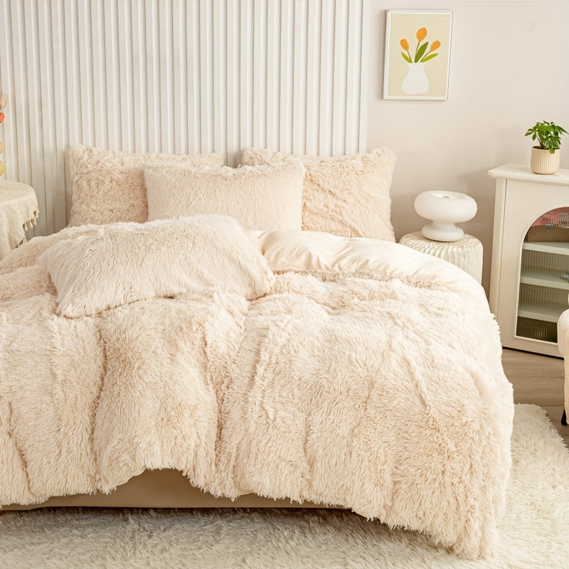 Plush Duvet Cover Set 3 Piece, Long Hair Knitted Polyester, Solid Color Fuzzy Comforter Cover with Zipper Closure, All-Season Soft Cozy Bedding Set for Bedroom, Multiple Colors Available