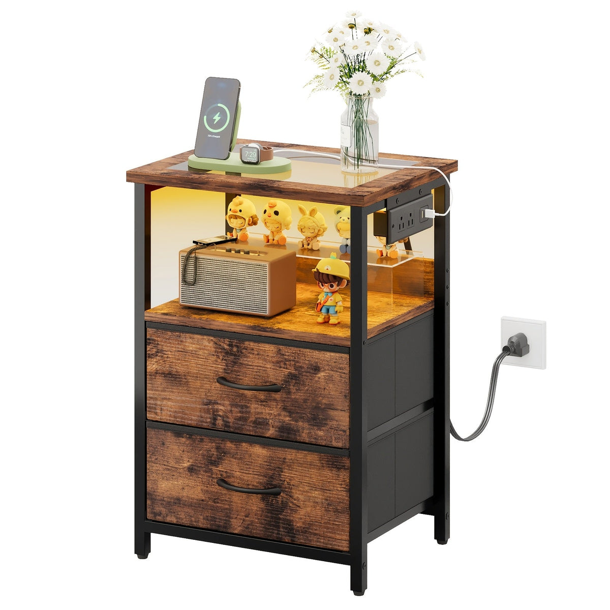 TOMNK Nightstand with Glass Tabletop LED Light & Charging Station 2 or 3 Fabric Drawers PU Finish Display Stand for Bedroom & Living Room – Black White Brown