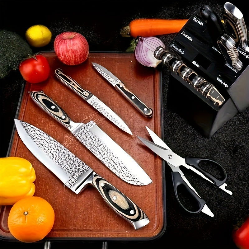 15-Piece Kitchen Knife Set with Wooden Block - Self-Sharpening, Medium Carbon Stainless Steel, Hammered Finish & Steak Knives - Chef Knife Set - Silver, Black, Wooden, Jet-Black & Deep-Black