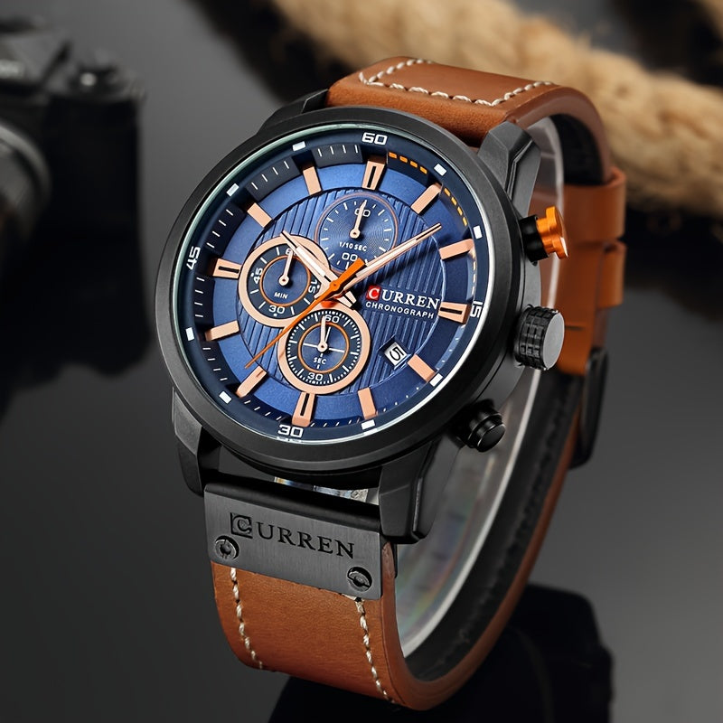 Men's Chronograph Sport Quartz Watch with Date Display – Stopwatch Wristwatch for Men, 6 Colors (Brown, Blue, Black, Grey), Casual Business Everyday Watch Gift