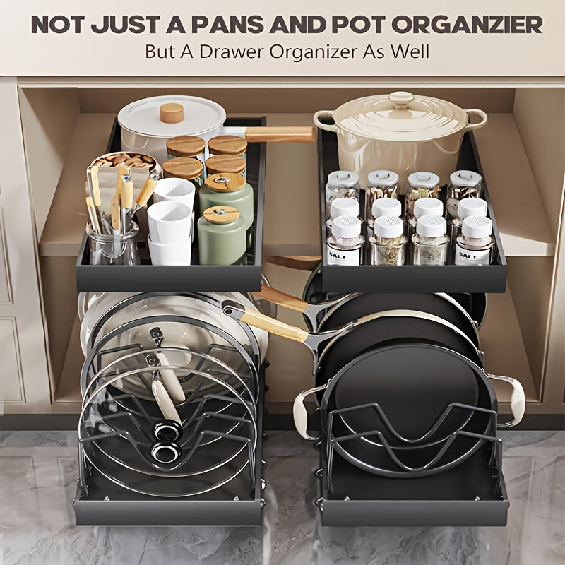 Pull-Out Pot & Pan Organizer Rack for Under Cabinet – Slide-Out Lid Holder with 8 Adjustable Compartments, Drill-Free Installation, Kitchen Cabinet Cookware & Baking Sheet Organizer – 1pc or 2pcs