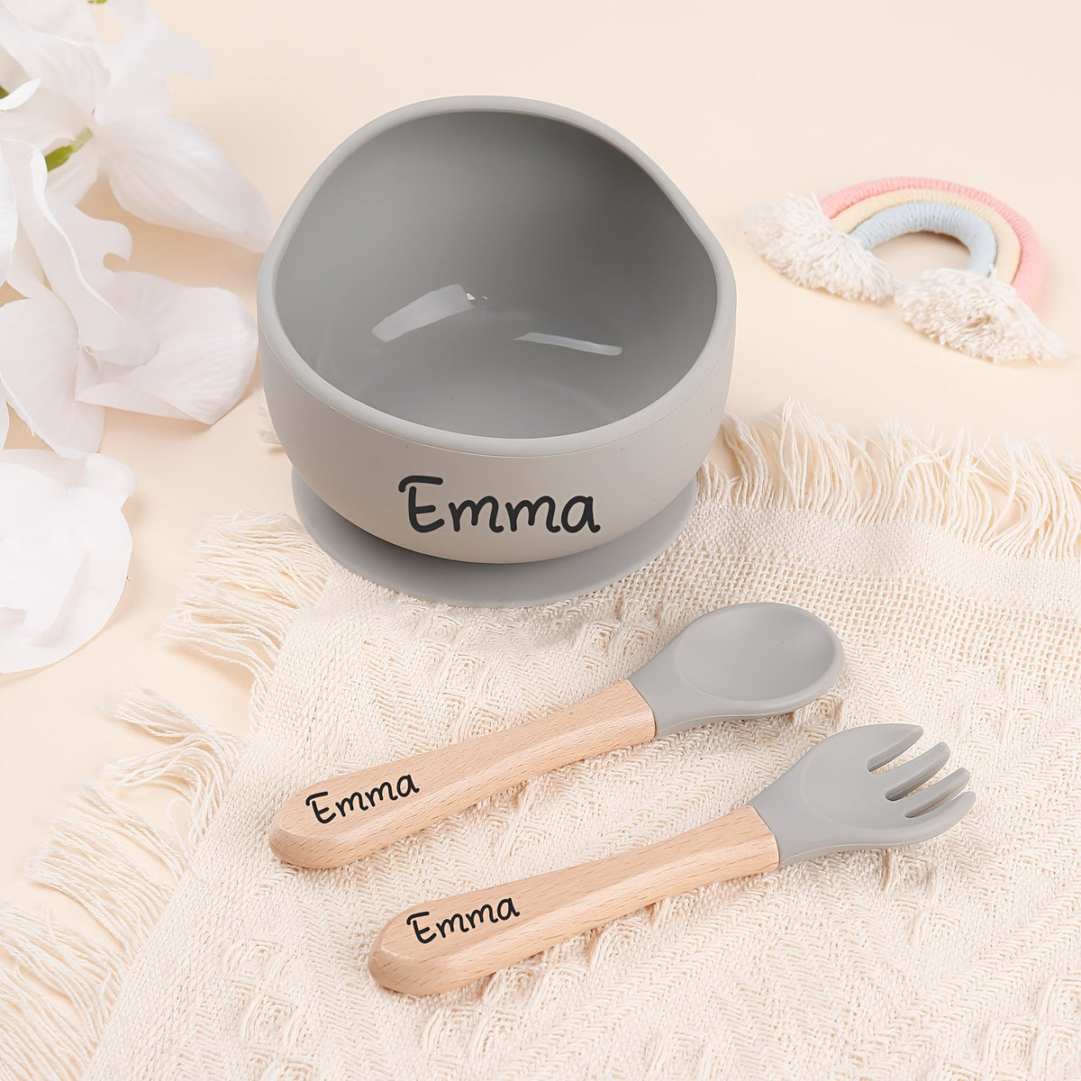 3-Piece Personalized Engraved Silicone Baby Suction Bowl Set, Custom Baby Feeding Bowls for Kids, Christening Gift, First Birthday Gift & Christmas Feeding Gift Set, Beige, Blue, Gray, Pink & Green