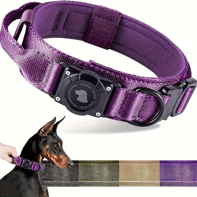Tactical Dog Collar with AirTag Holder & Handle – Heavy-Duty PC Nylon, Adjustable M/L/XL for Medium to Large Dogs, Military-Style Training Collar with Control Handle