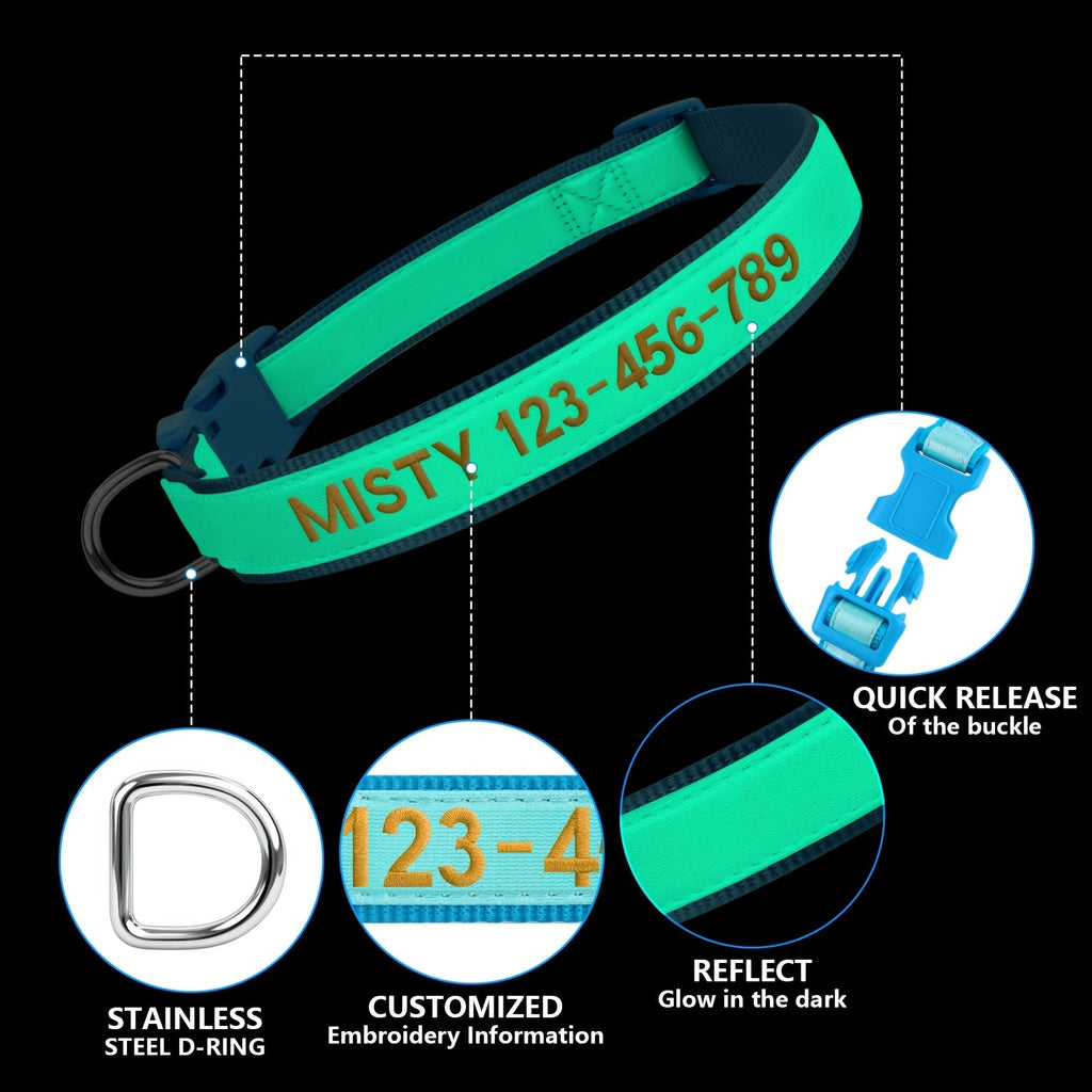 Personalized Glow-in-the-Dark Dog Collar – Custom Embroidered Name & Phone Number, Luminous Night Safety Collar for Small, Medium & Large Dogs, Anti-Lost Design in XS/S/M/L, 5 Colors Available