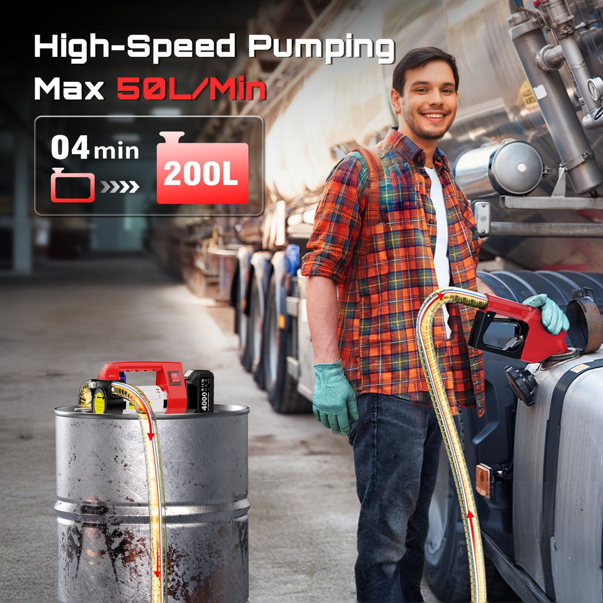 Battery-Operated Fuel Transfer Pump 21V DC 12GPM with 4.0Ah Battery, Auto Shut-Off, Self-Priming, Nozzle & Hose for Diesel & Kerosene – Portable Cordless Pump Kit for Farm, Truck & Generator