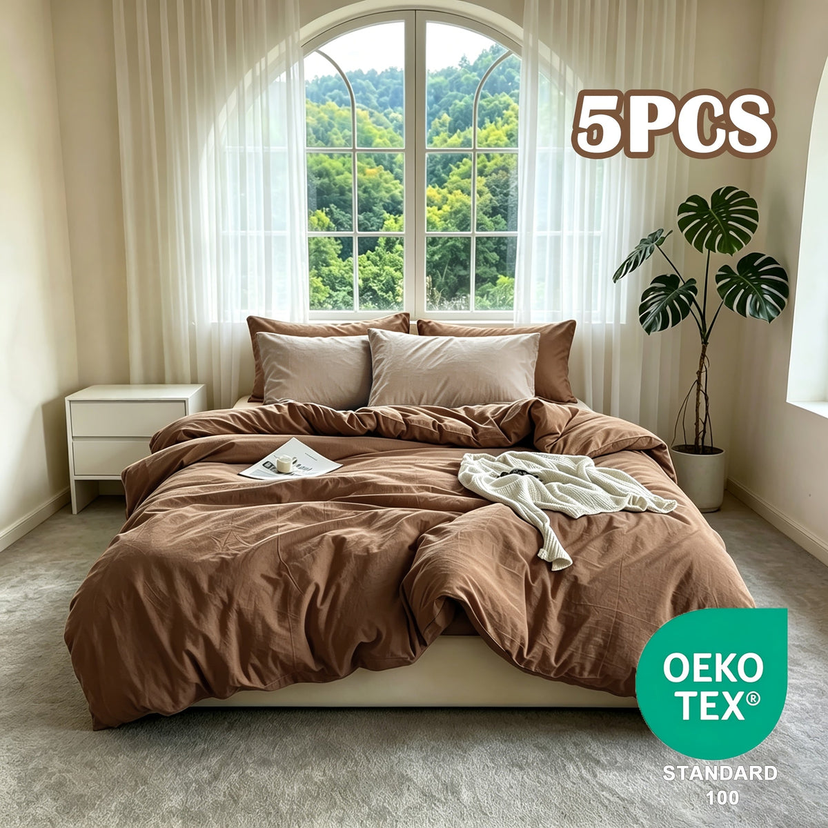 Washed Microfiber Duvet Cover Set 5-Piece, 1 Duvet Cover + 4 Pillowcases, Zipper Closure & Corner Ties, Soft Breathable Bedding Set for Home School Guest Room, No Insert, Multiple Sizes & Colors