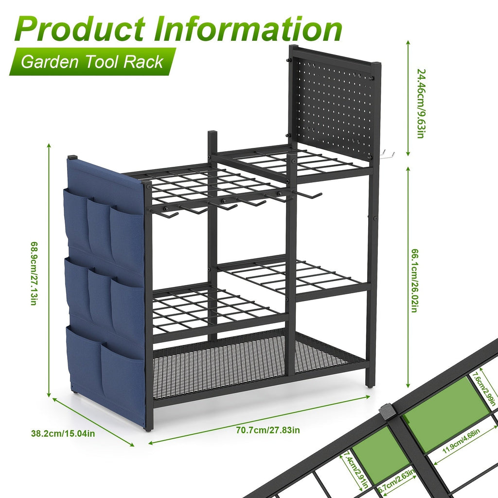 Heavy Duty Metal Garden Tool Organizer Rack 3-Tier with Storage Bags Long-Handle Holder for Broom Shovel & Rake – Outdoor Garage Yard & Workshop Space-Saving Black