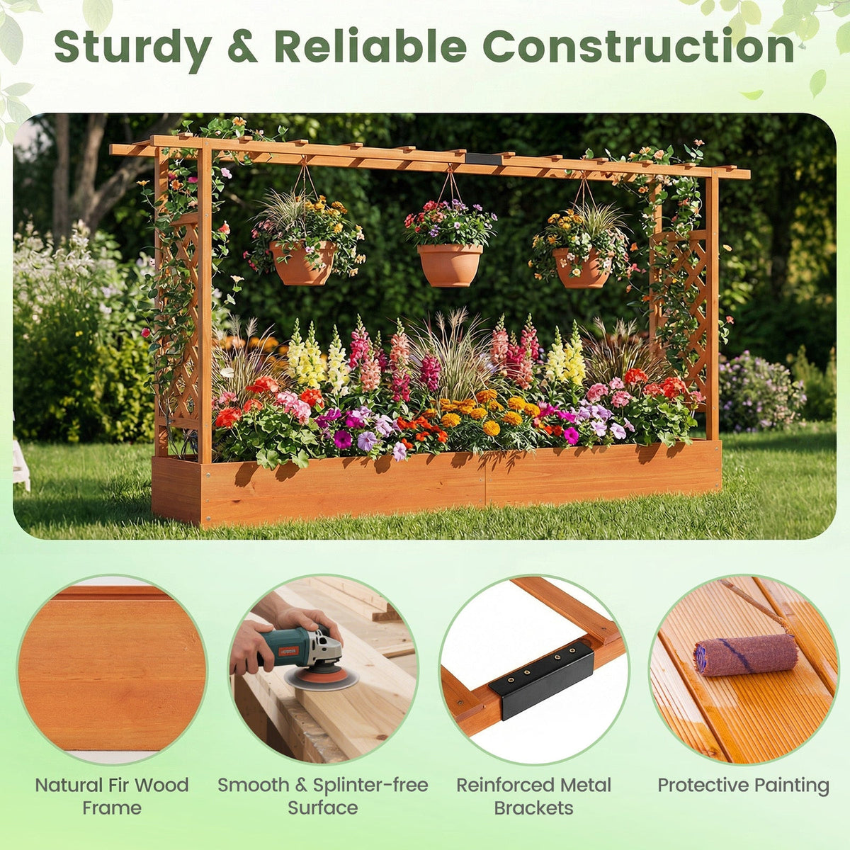 Raised Garden Bed with Trellis & Hanging Roof, 87"x14"x45", Fir Wood, 110 Lb Capacity, Drainage Holes, Detachable Bottom, Freestanding Elevated Planter Box for Climbing Plants, Vines, Vegetables & Flowers, Patio & Balcony