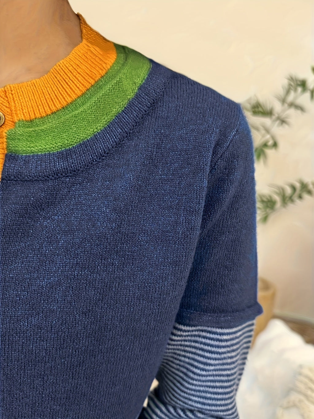 Women's Y2K Striped Color Block Crew Neck Pullover Sweater with Button Detail | Casual Fall Winter Asymmetrical Knit Top Navy S M L XL XXL