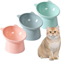 Raised Cat Bowls Set of 3, Cat-Ear Shaped Elevated Feeder, Anti-Slip Base, Neck Comfort Design, Tri-Color Pet Feeding Dish (Pink, Green, Blue) for Multi-Cat Households