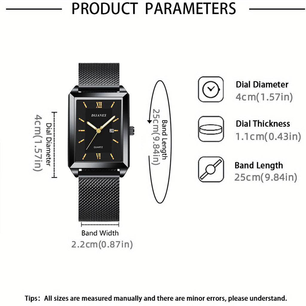 4pcs Men's Fashion Quartz Watch & Jewelry Set – Stainless Steel Strap Date Display Watch with Necklace, Bracelet, and Ring, Business Casual Elegant Gift Set for Men in Gold, Silver, and Black
