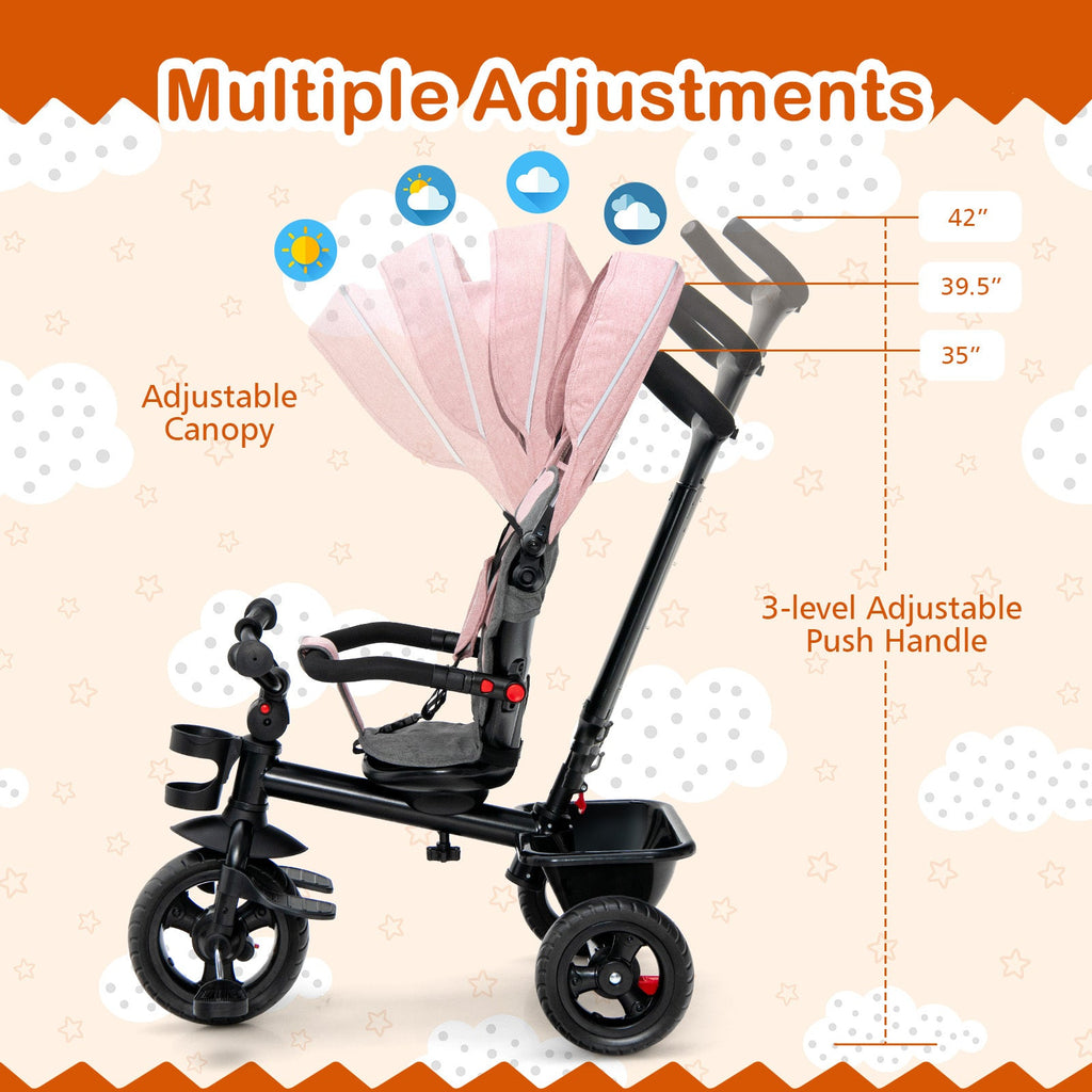 4-in-1 Toddler Tricycle with Adjustable Push Handle & Convertible Seat, Removable Canopy, Safety Harness & Storage Basket - Baby Push Trike for Kids 18 to 60 Months, Pink Ride-On Bike Gift for Girls