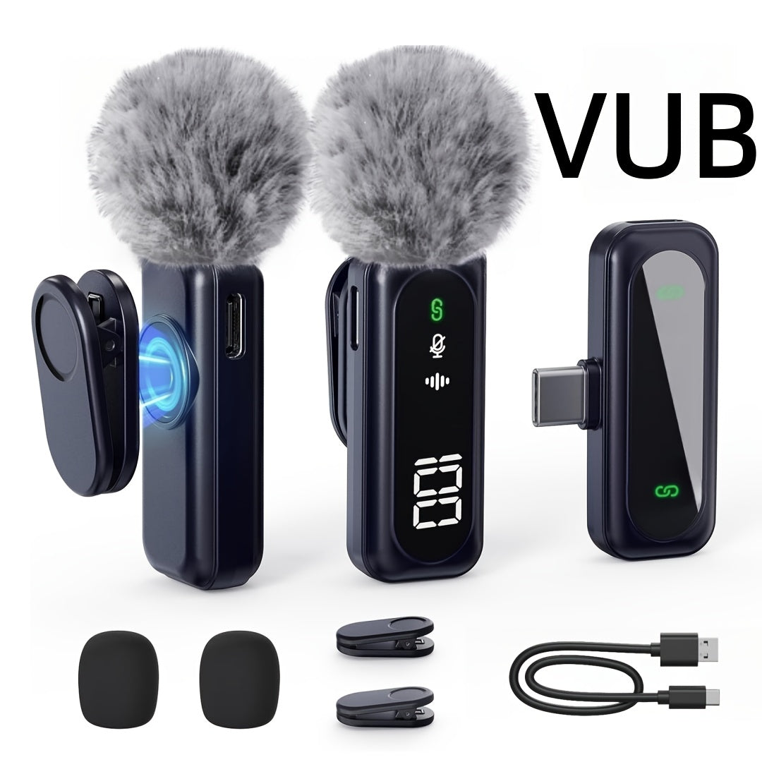 Wireless Lavalier Microphone USB-C 2.4G with DSP Noise Reduction, Digital Battery Display, 360° Omnidirectional Clip-On Lapel Mic, 100ft Range, Furry Windshield, Rotatable Magnetic Clip for iPhone, Android, Camera & Content Creators