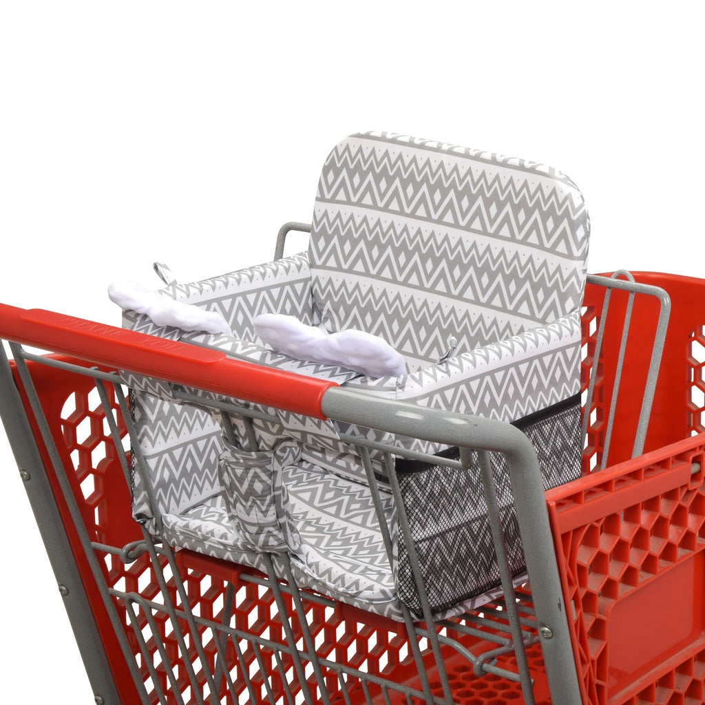 Dual-Use Kids Shopping Cart & High Chair Seat Cover, Soft Thick Breathable Foldable Seat Cushion with Side Storage Pocket for Travel & Home, Grey Waves & White Elegant