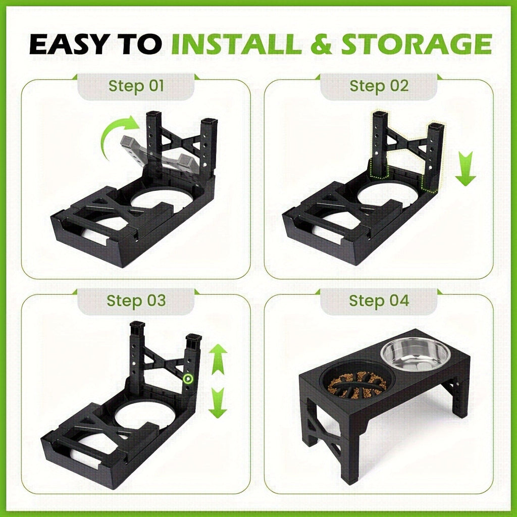 Adjustable Elevated Dog Bowl Stand with 3-Bowl Set – 5 Heights 3.2–12.2 Inches, 2 Stainless Steel Bowls + Slow Feeder Bowl for Small, Medium, and Large Dogs, Raised Feeder in Black or Gray