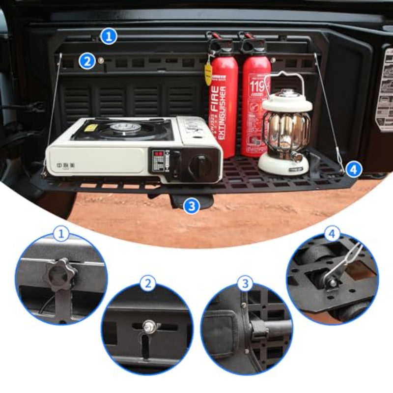 Jeep Wrangler Tailgate Table & MOLLE Panel, Foldable Cargo Rack, Aluminum Alloy, 100 lbs, Powder-Coated, No-Drill Install for JK/JKU, for Wrangler JK JKU JL JLU 4-Door 2007-2025, 24-Month Warranty