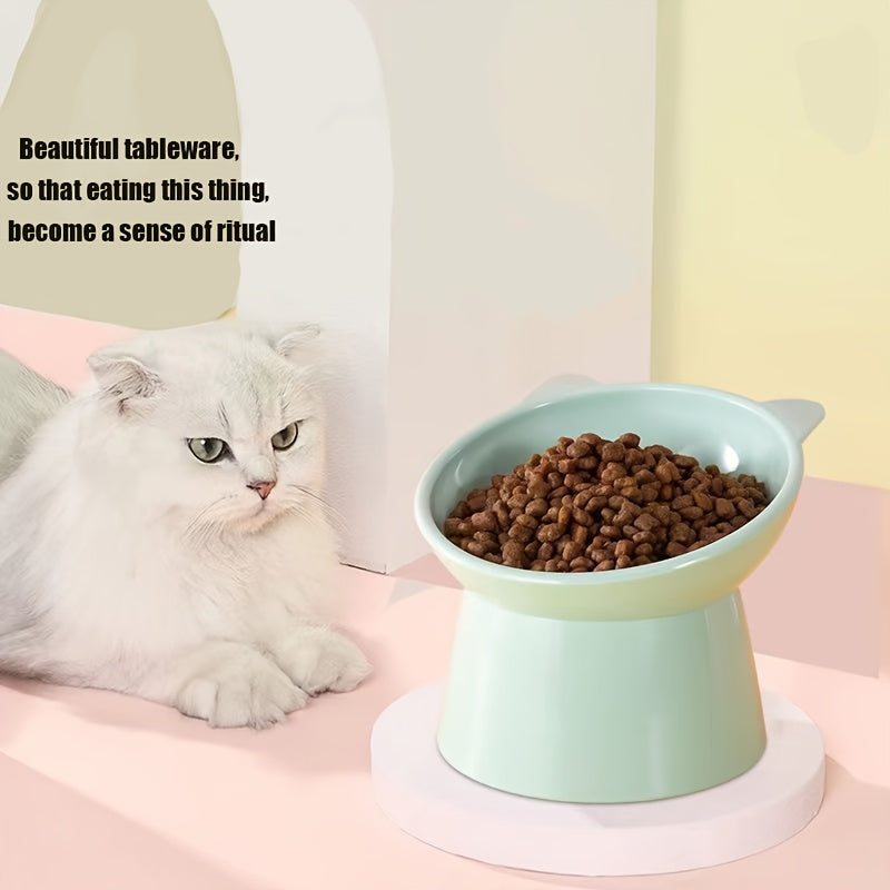 Raised Cat Bowls Set of 3, Cat-Ear Shaped Elevated Feeder, Anti-Slip Base, Neck Comfort Design, Tri-Color Pet Feeding Dish (Pink, Green, Blue) for Multi-Cat Households