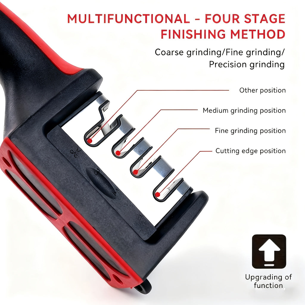 4-Stage Professional Knife Sharpener - Tungsten, Diamond & Ceramic Whetstone Stages, Non-Slip Grip, Fast & Precise Sharpening - Kitchen & Chef Knives - Red & Black