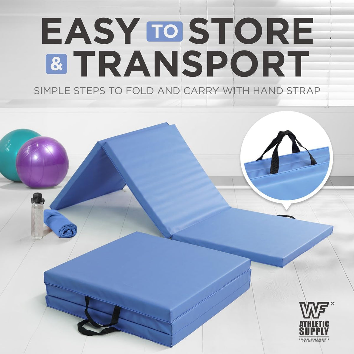 Tri-Fold Exercise Mat, 1.5" Thick with Carrying Handles - High-Density Foam Foldable Gym Mat for Gymnastics, Yoga, MMA, Core Workouts & Stretching, 72" x 24", Easy Storage & Portable