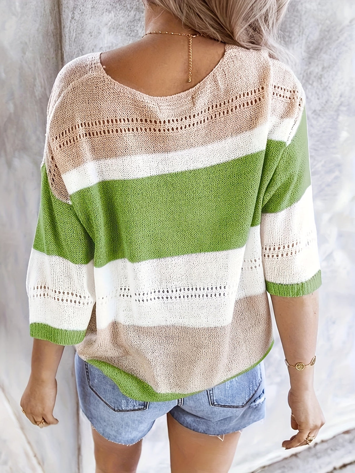 Women's V-Neck Hollow-Out Off-Shoulder Colorblock Stripe Knit Top - Casual Summer Blouse for Daily Wear and Beach Vacations