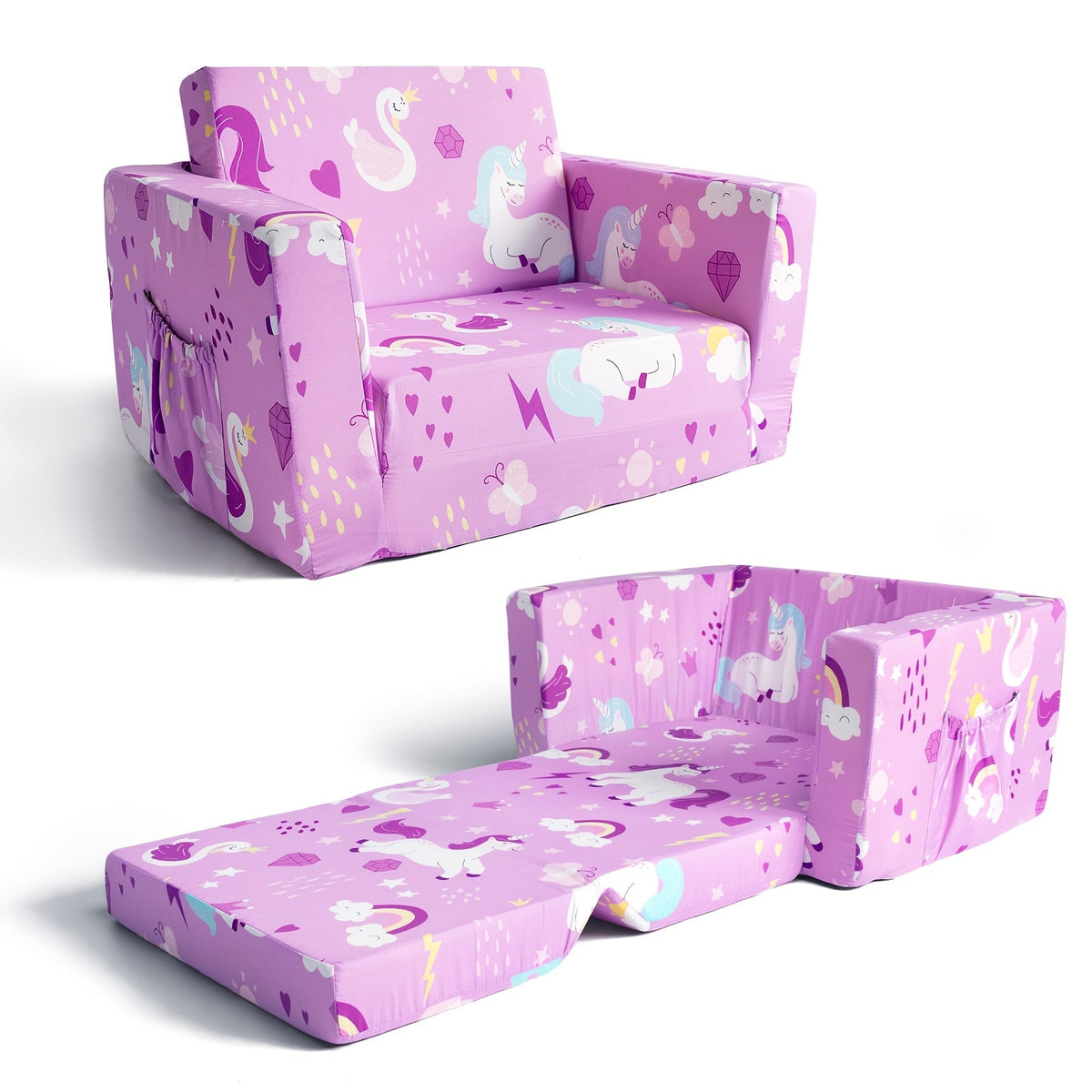 Kids Sofa 2-in-1 Toddler Fold Out Couch Convertible Lounger Soft Foam No Assembly Required for Boys Girls Reading Napping Playing Blue Dinosaur Purple Unicorn Cars