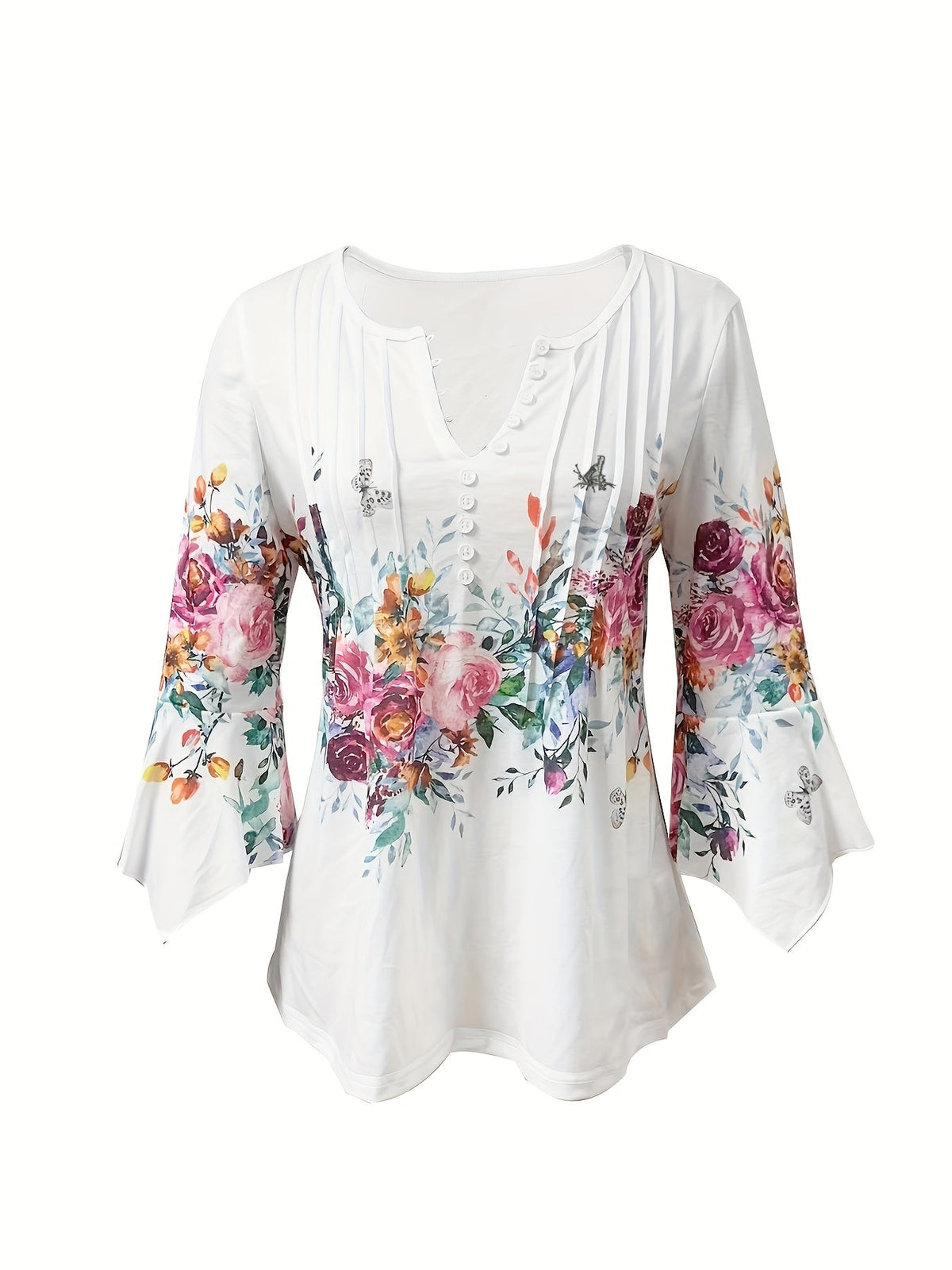 Floral Print Button Front Blouse Women's Notched V-Neck Spring Summer Top 95% Polyester Vintage Casual Shirt S-XXL
