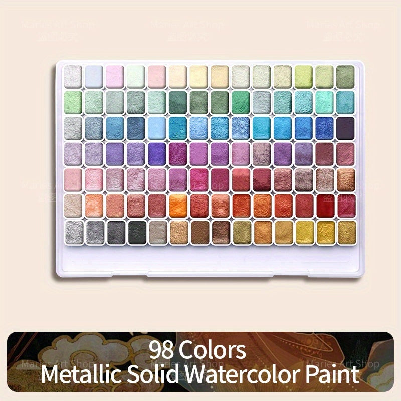 98-Color Metallic Shimmer Watercolor Paint Set, Premium Pearl Pigments in a Portable Case, High Lightfastness for Canvas Illustration, Scrapbooking, Decoration, and Art Supplies for Artists and Hobbyists
