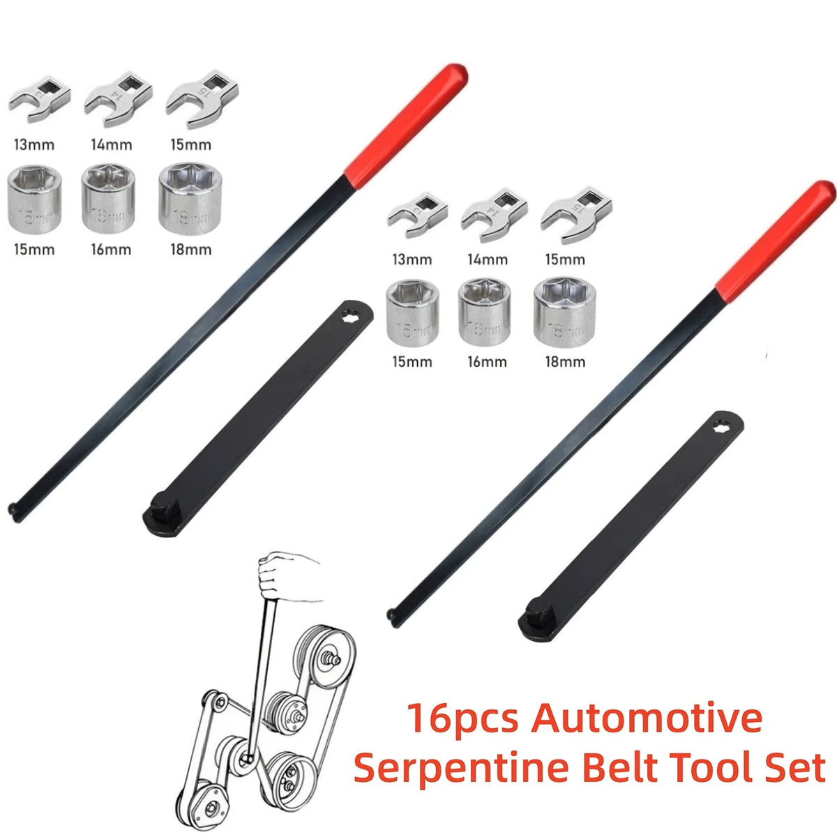 Serpentine Belt Tool Set 8/16 Piece - Universal 3/8" and 1/2" Drive Belt Tensioner Wrench, Idler Pulley Adjuster, Chrome Vanadium Steel, Professional Automotive Belt Removal and Installation Kit for Car Engine Repair