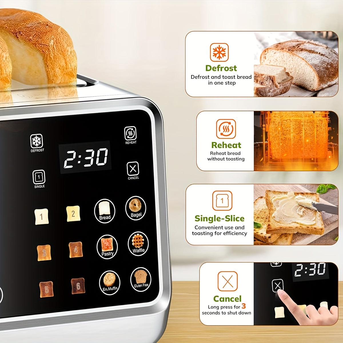 4-Slice Digital Smart Toaster Stainless Steel – Touchscreen Dual Control Panel with Timer Reheat & Defrost for Bagels Bread Waffles