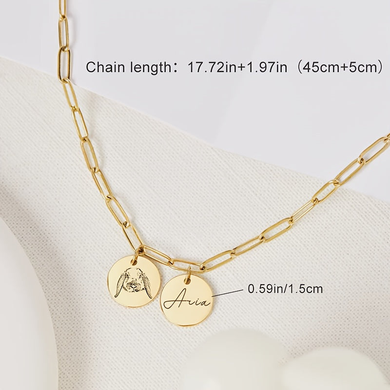 Personalized Pet Portrait Necklace - Paperclip Chain Double Circle Pendant Engraved with Pet Portrait & Name, Custom Memorial Gift for Pet Lovers & Her, All-Season Wearable (Silver or Gold)