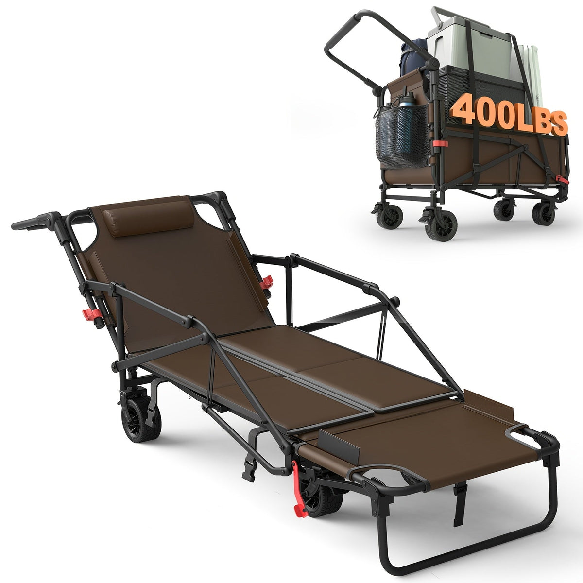 Heavy Duty Folding Wagon 2-in-1 Collapsible Cart and Beach Chair 400 420 650LBS Capacity All-Terrain 360 Swivel Wheels with Brakes Side Pockets for Camping Beach Groceries