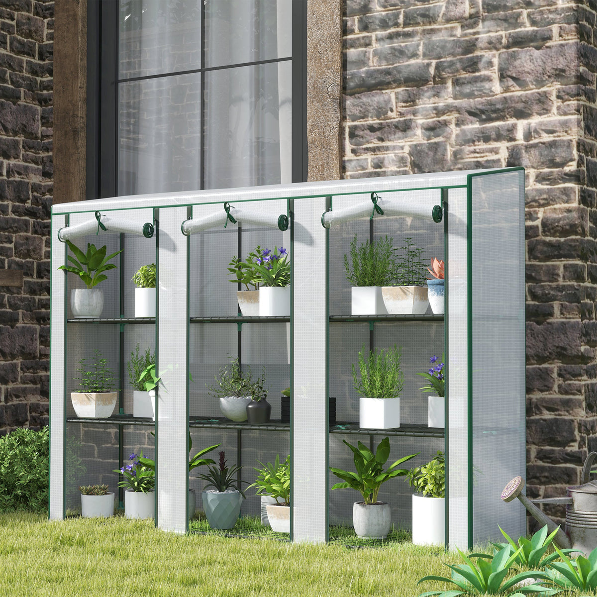 Lean-To Mini Greenhouse, 84.6"x18.1"x56.7", 3-Tier 9 Wire Shelves, 140GSM UV-Resistant PE Cover, 85% Light Transmission, 3 Roll-Up Zip Doors, Powder-Coated Steel Frame, Indoor Outdoor, Green