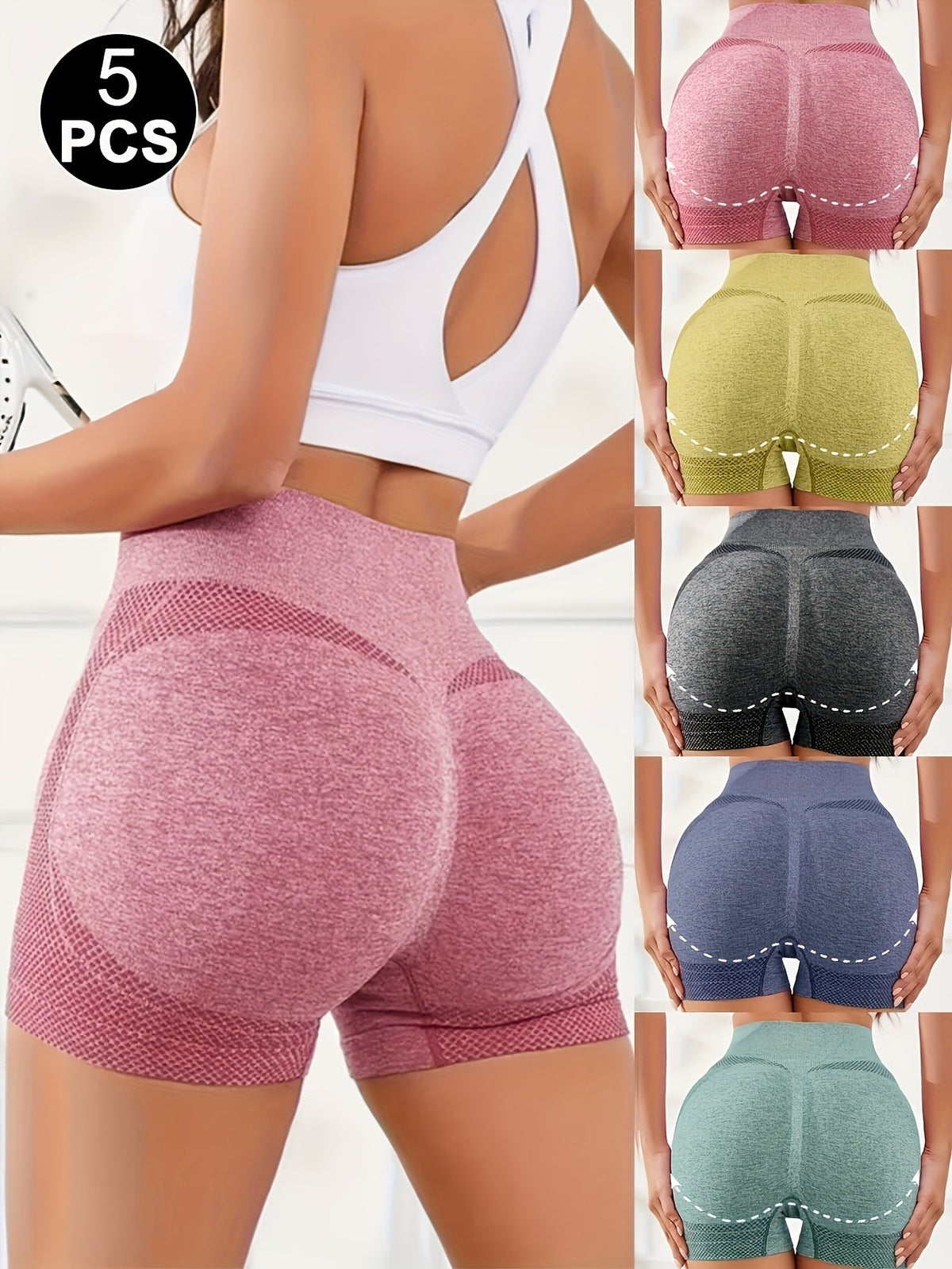 Women's Butt-Lifting High-Waist Yoga Shorts 5-Pack, Tummy Control Ruched Stretch Biker Shorts - 85% Polyester Breathable Solid Color for Gym, Cycling, Fitness & Running