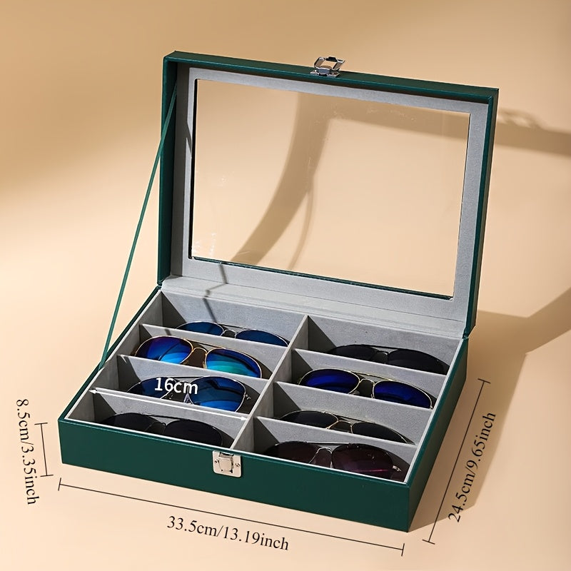 8-Slot PU Leather Eyeglasses Storage Case – Large Capacity Glasses Organizer Box for Sunglasses and Reading Glasses, Luxury Household Collection Display Case in Black, White, and Green