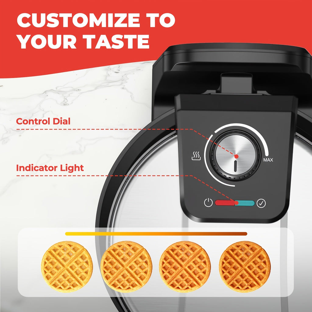 Rotating Belgian Waffle Maker - 180° Flip Waffle Iron, Non-Stick Plates, Adjustable Browning Control, Foldable Cool-Touch Handle, Removable Drip Tray, Space-Saving Stainless Steel Design - Silver & Black Double Iron