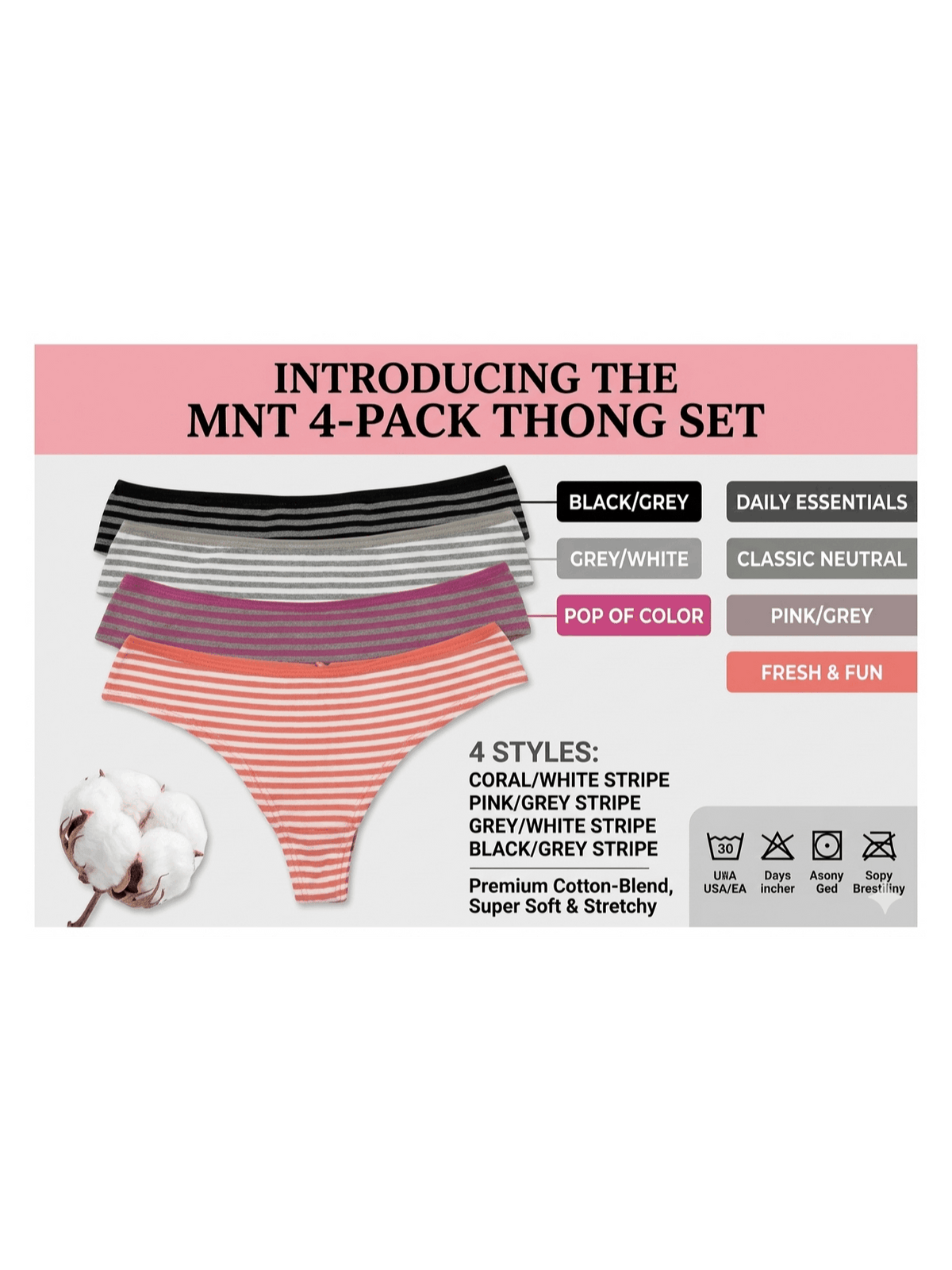 MNT 4-Pack Women's Cotton Thong Panties - Breathable Striped G-String, Soft Stretch, Low Rise - Petite M & L - Mixed Colors