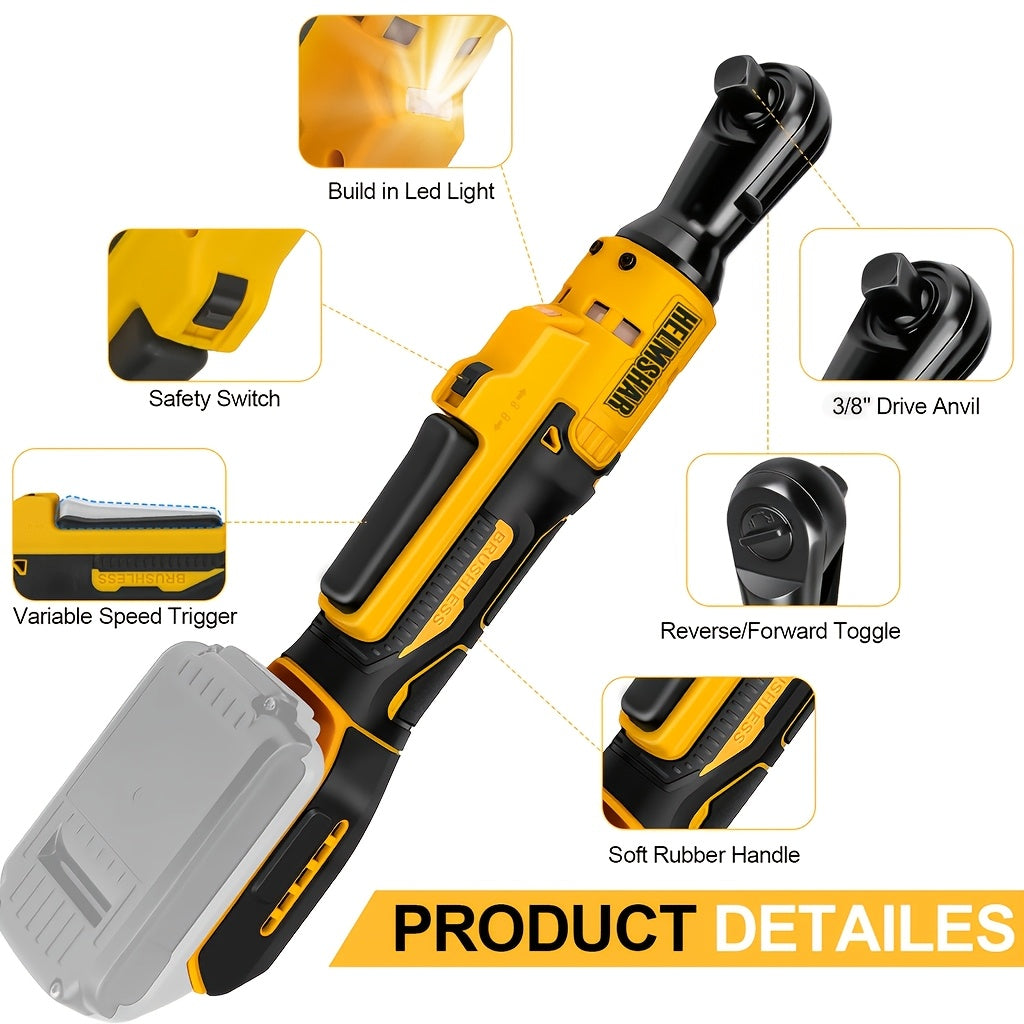 3/8-Inch Brushless Electric Ratchet Wrench Compatible with DeWalt 20V Battery Variable Speed with 1/4-Inch Adapter & 3-Inch Extension Rod – Tool Only (No Battery)
