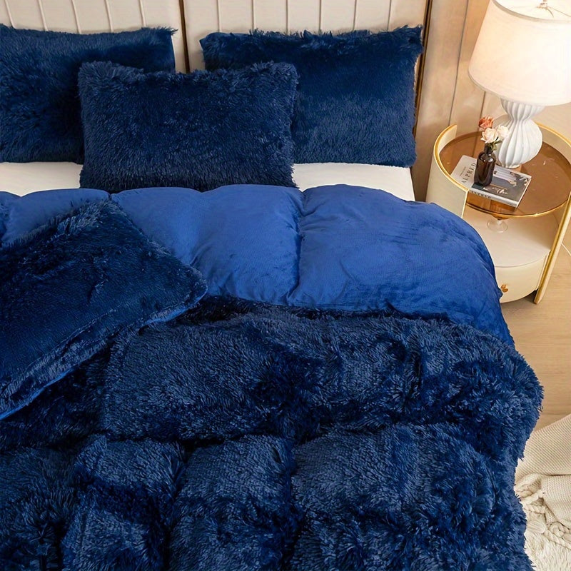 Plush Duvet Cover Set 3 Piece, Long Hair Knitted Polyester, Solid Color Fuzzy Comforter Cover with Zipper Closure, All-Season Soft Cozy Bedding Set for Bedroom, Multiple Colors Available
